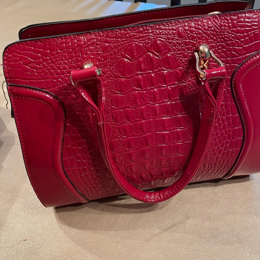 Patent leather red faux alligator satchel